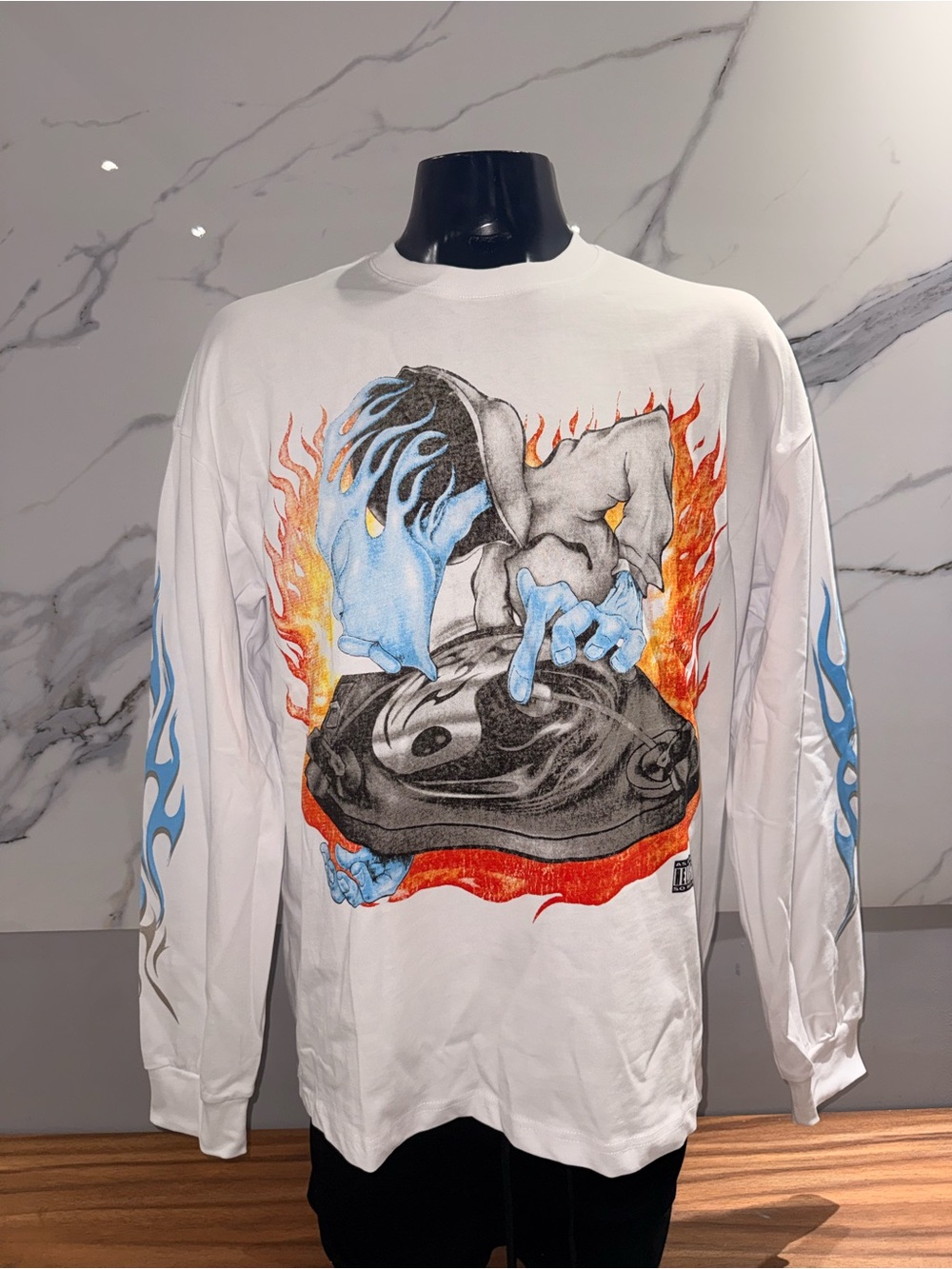 Hellstar White Graphic Long-Sleeve Shirt with Blue Flames